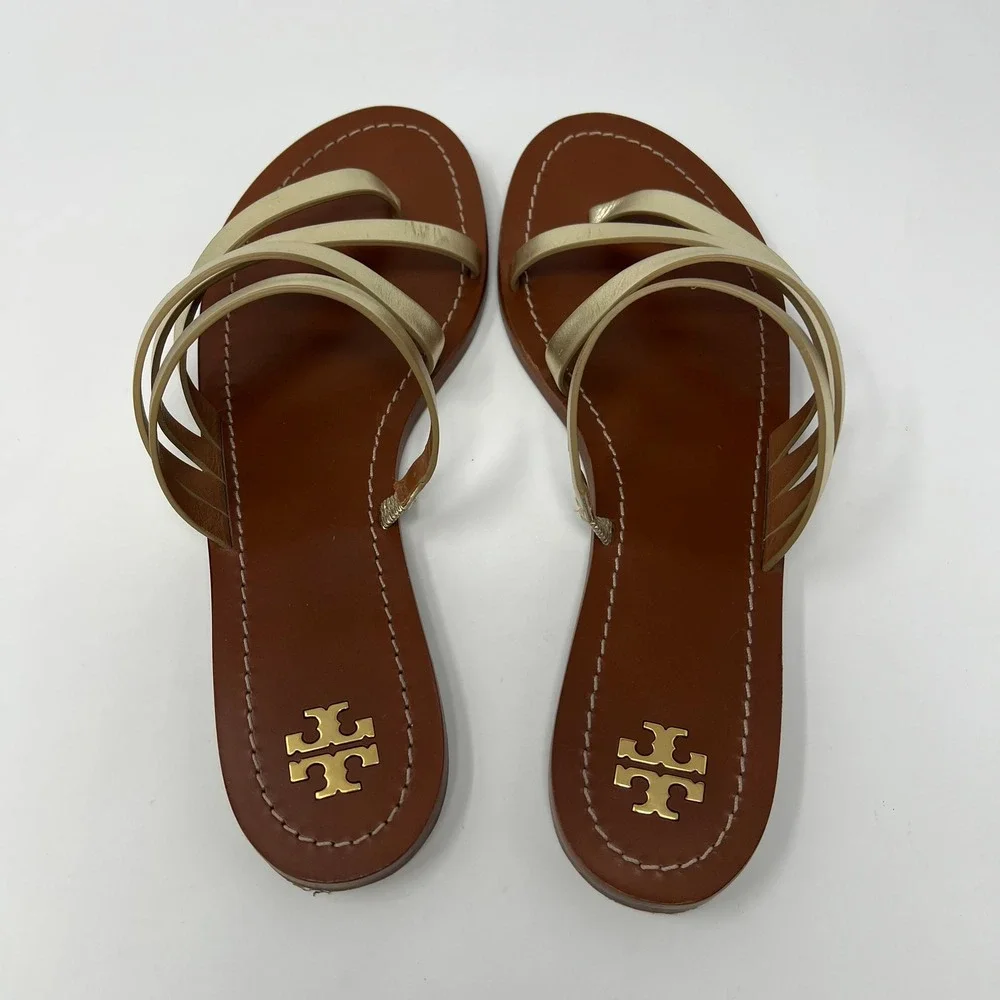 Tory Burch Metallic Gold Strappy Flat Slide Sandals Womens 10M 5310M